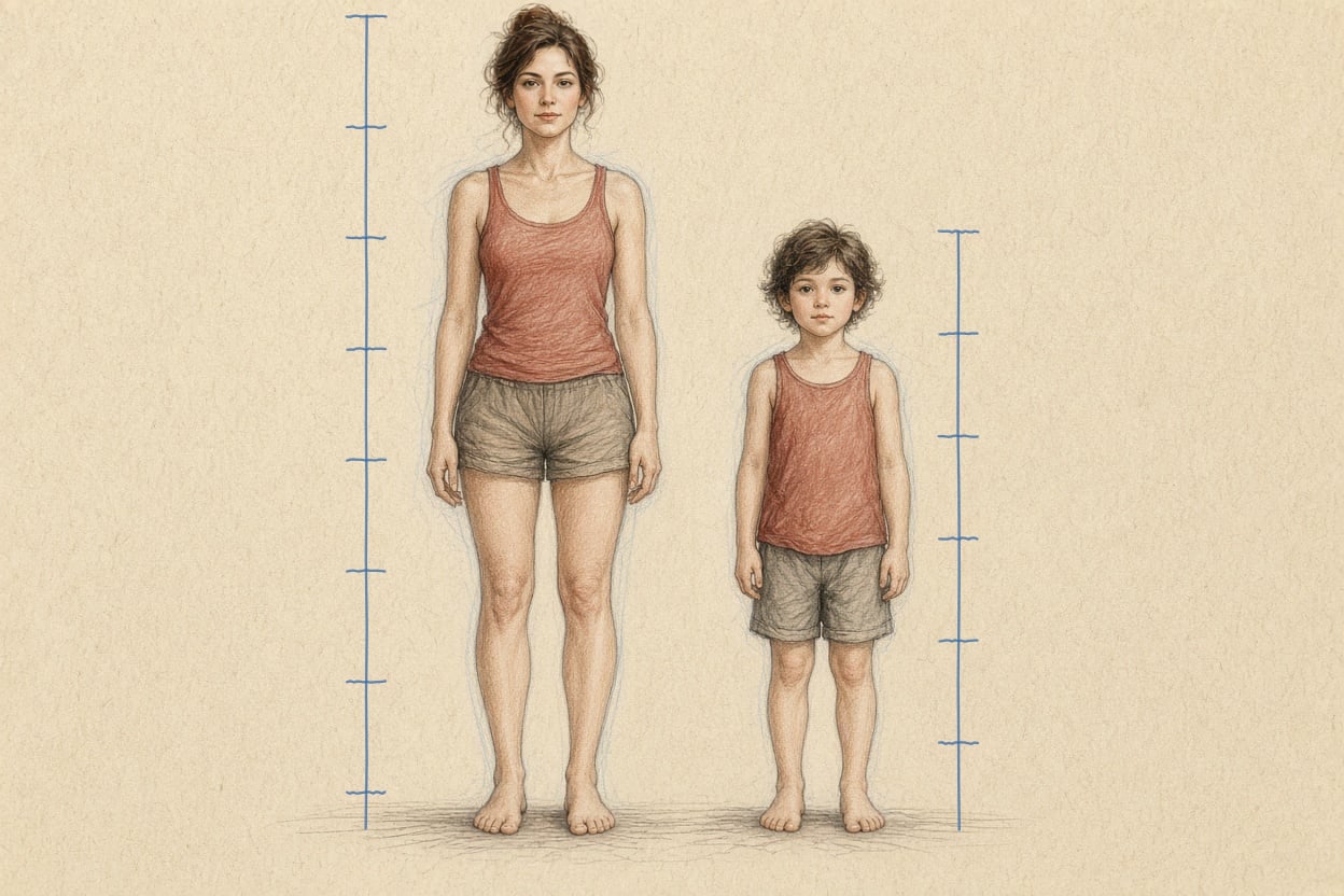 Mateixa escala: la dona mesura uns set caps, l'infant gairebé sis. L'infant té el cap proporcionalment més gran.