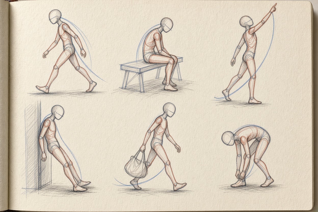 Sis postures com a maniquí articulat; en blau, la línia d'acció que travessa tot el cos.